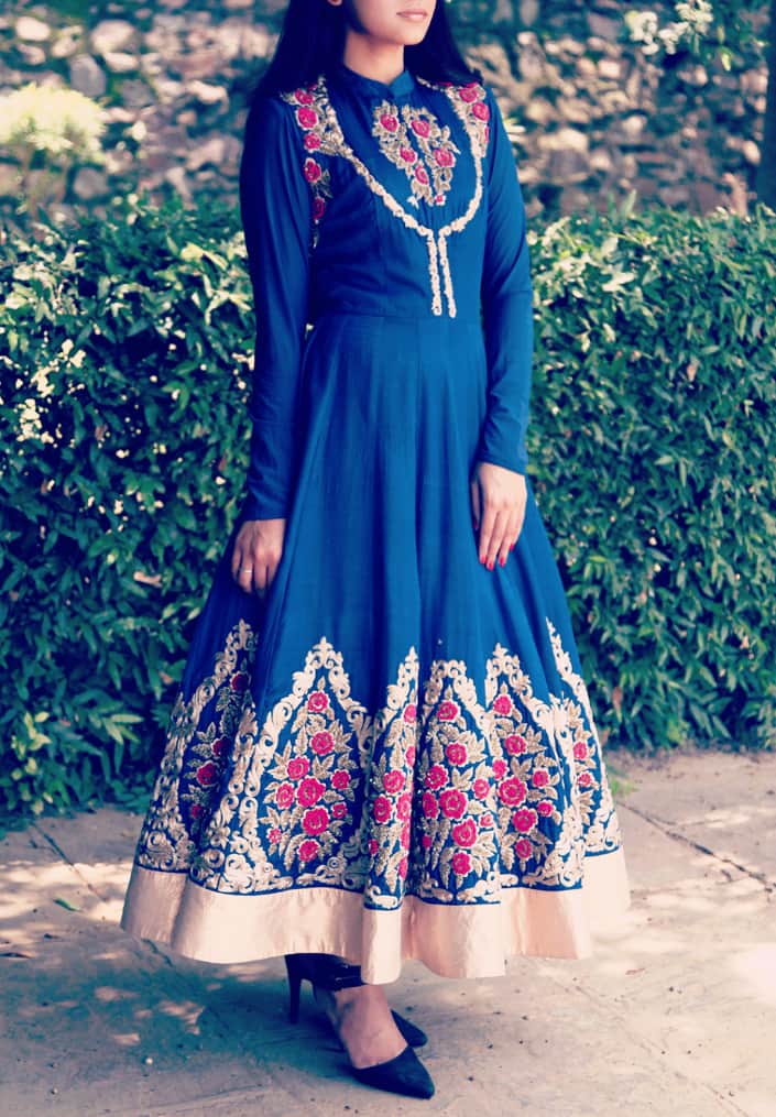 Azure blue long heavy embroidered anarkali with churidaar