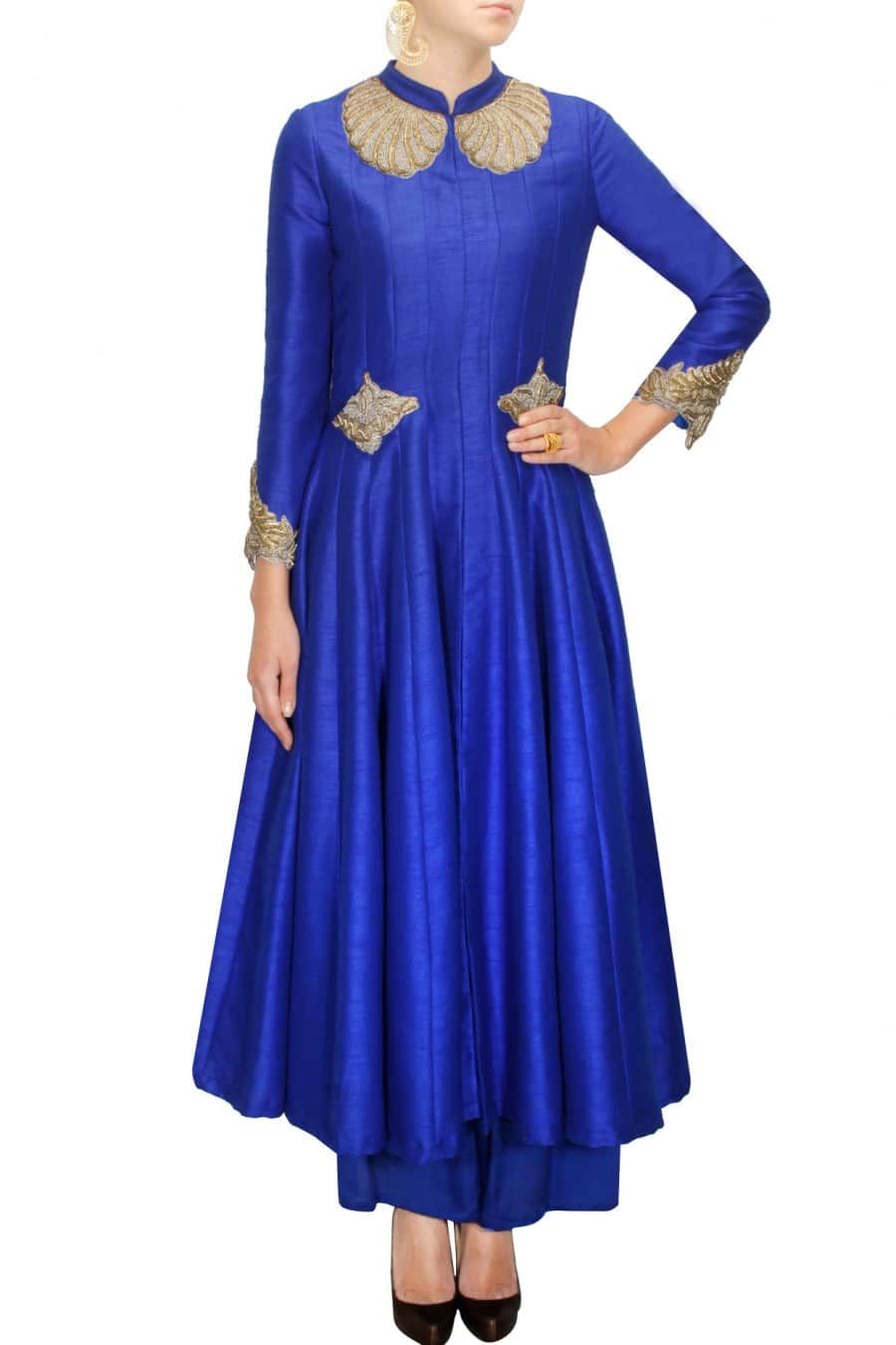 Cobalt Blue Long Jacket with Full Sleeves and Heavy Zardozi