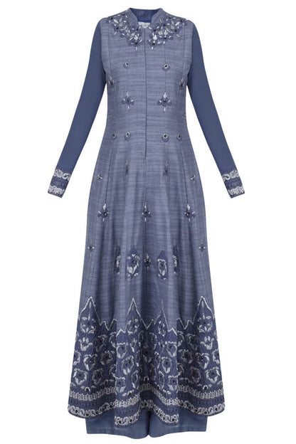 Blue grey long anarkali set