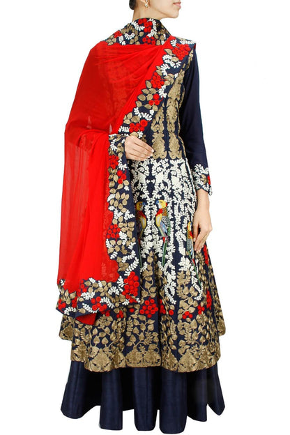 Navy blue Lehenga Set with Bird Embroidered Heavy Flared Jacket