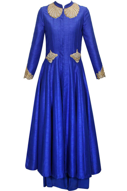 Cobalt Blue Long Jacket with Full Sleeves and Heavy Zardozi