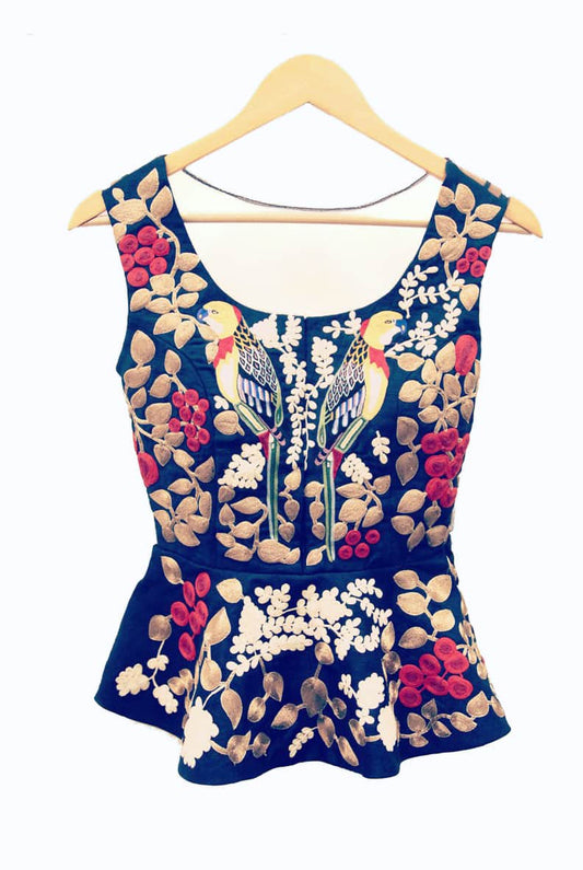 Bird Embroidered Peplum Waistcoat-Navy Blue