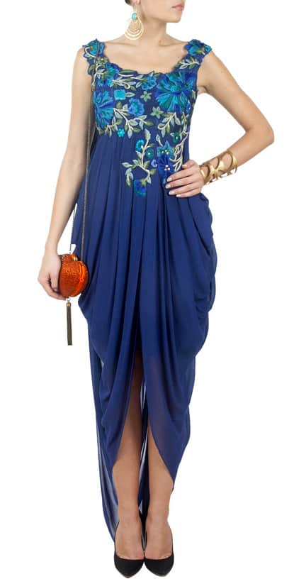 Ink Blue Embroidered Draped Gown