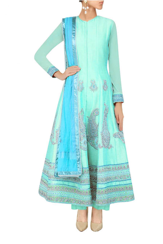 Bright Turquoise blue anarkali with palazoes and blue dupatta in chanderi