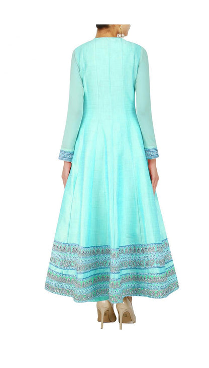 Bright Turquoise blue anarkali with palazoes and blue dupatta in chanderi