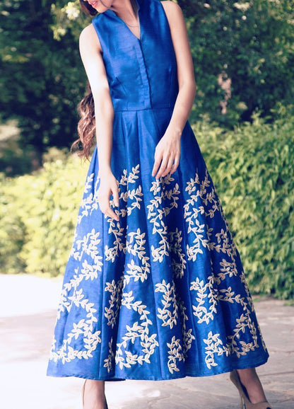 Cobalt Blue Long Dress with Leaf Embroidery &amp; Fitted Cigarette Pants