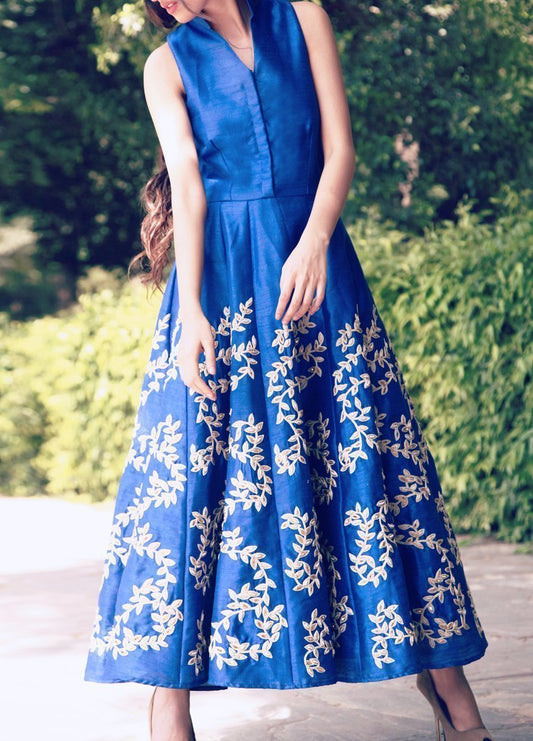 Cobalt Blue Long Dress with Leaf Embroidery &amp; Fitted Cigarette Pants