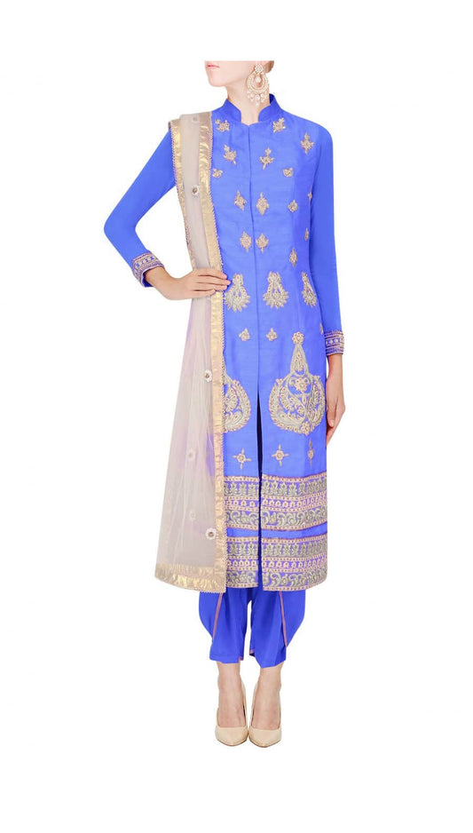 Bright electric blue straight kurta with dhoti pants and ivory net dupatta