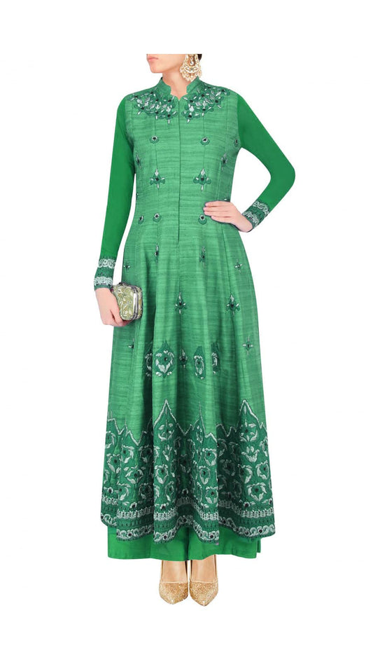 Emerald green long anarkali set