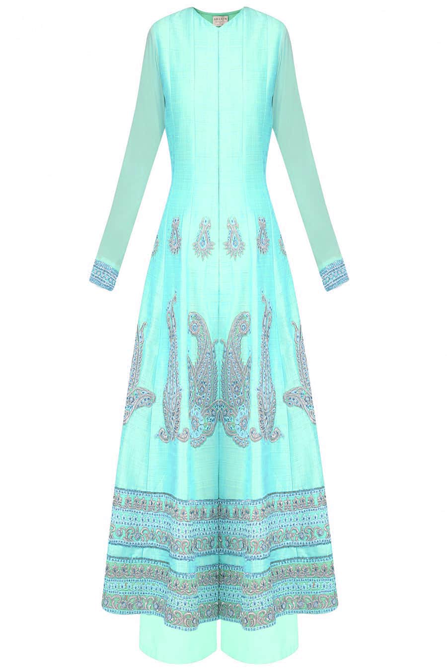 Bright Turquoise blue anarkali with palazoes and blue dupatta in chanderi