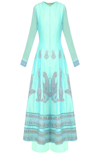 Bright Turquoise blue anarkali with palazoes and blue dupatta in chanderi