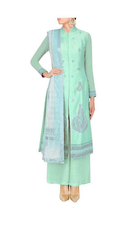 Bright turquoise straight kurta with palazoes and chanderi dupatta