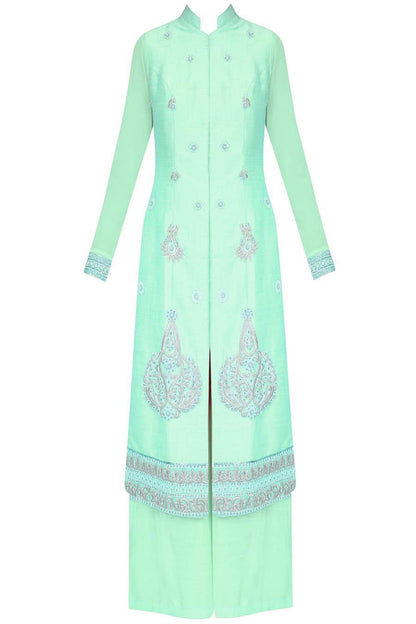 Bright turquoise straight kurta with palazoes and chanderi dupatta