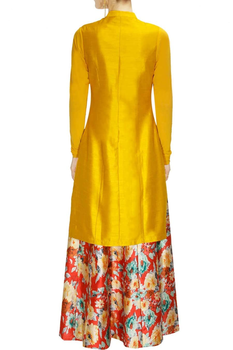 Mustard Yellow Long Jacket with Bird Embroidery on one side & Red Floral Printed Skirt