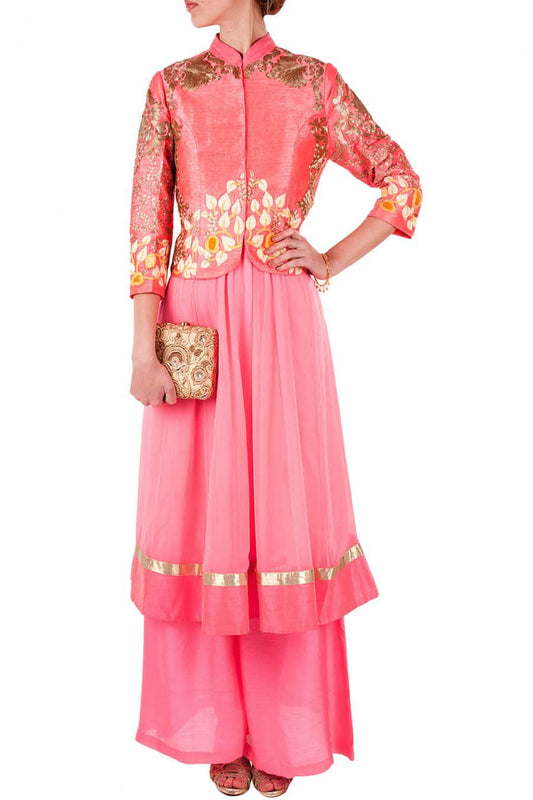 Candy pink embroidered jacket with anarkali and palazoe pants