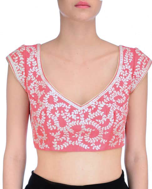 Carnation Pink embroidered blouse with ivory zari