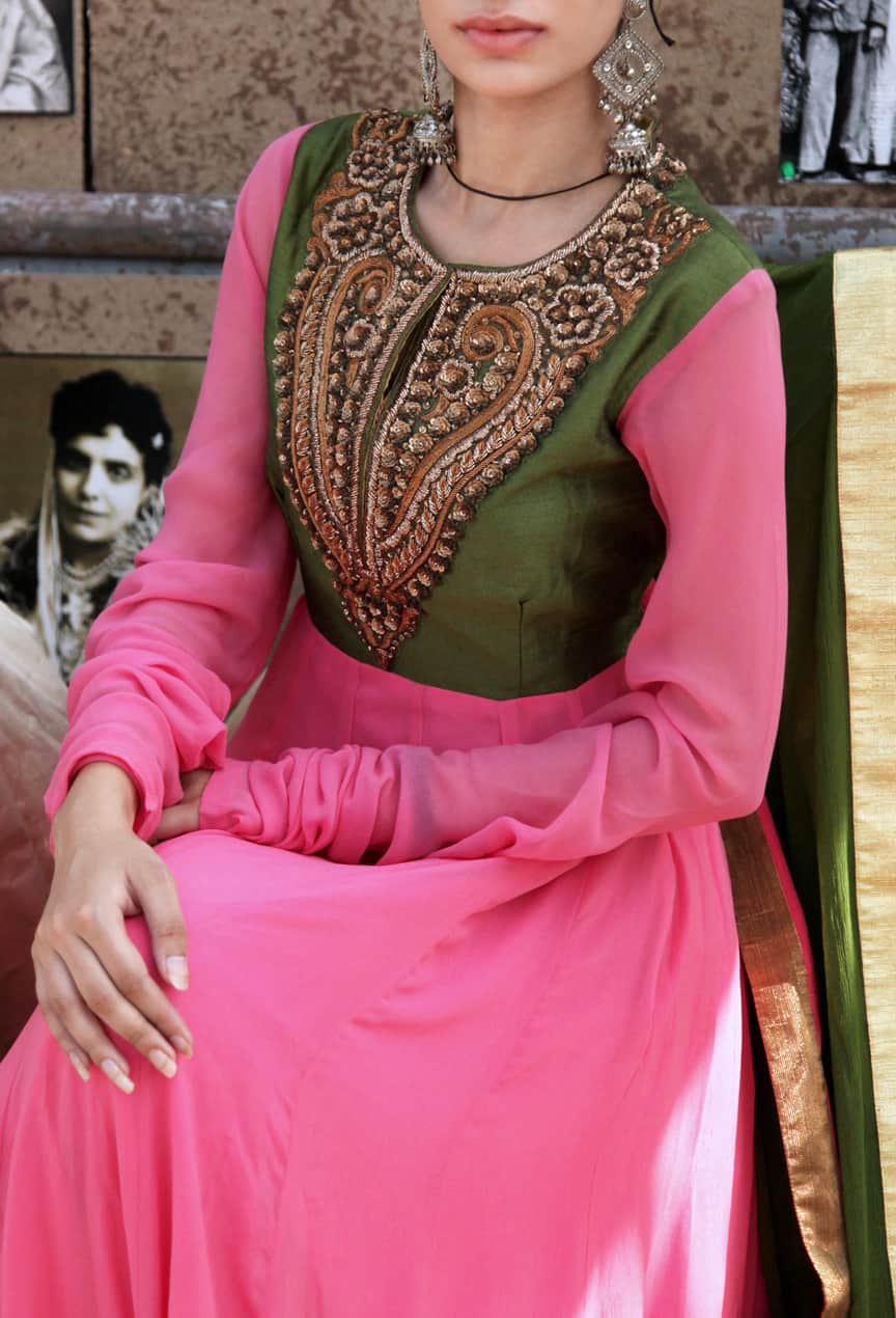 Olive and Coral Embroidered Anarkali Set