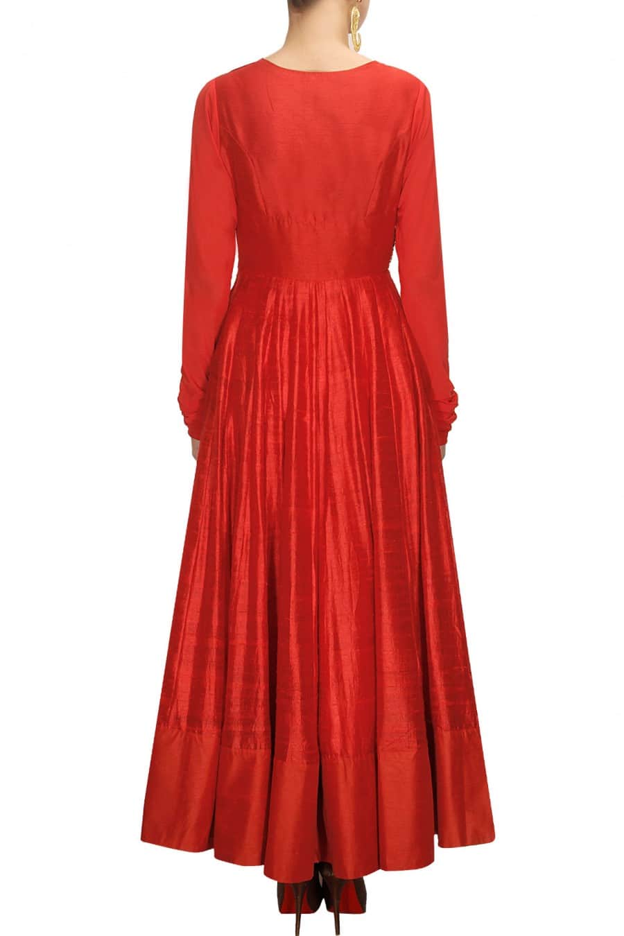 Crimson Red Long Silk Gown with Gold Embroidery