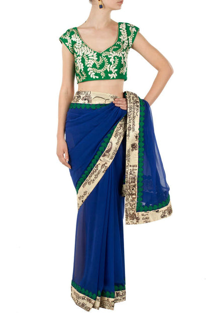 Blue Sari with Leaf Embroidered Blouse