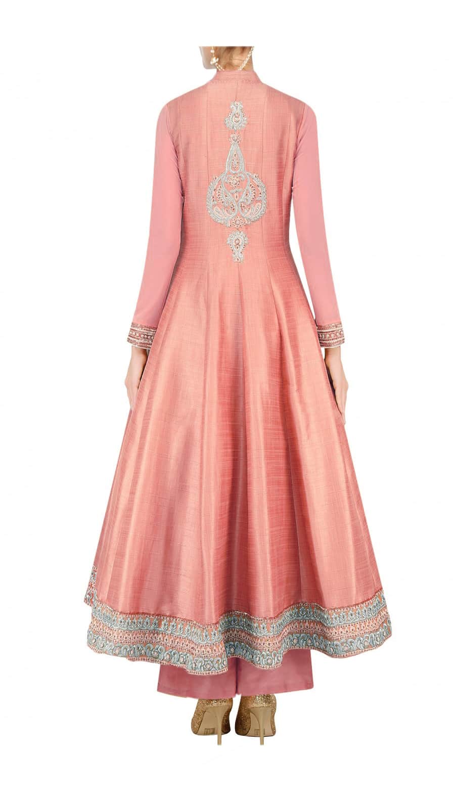 Coral silk anarkali set