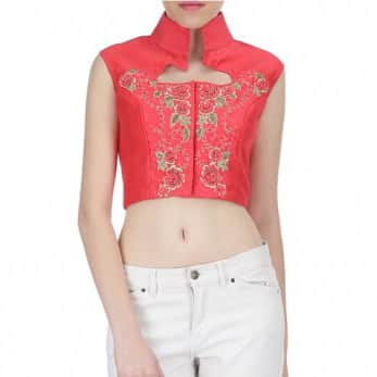 Coral Embroidered Crop Top with collar
