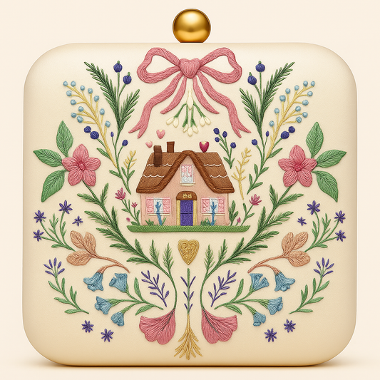 Cottage Garden Embroidered Ivory Clutch with Gold Chain