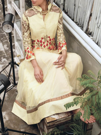 Cream embroidered jacket with anarkali and palazoe pants