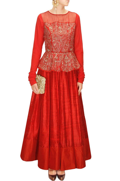 Crimson Red Peplum Long Gown with Gold Embroidery