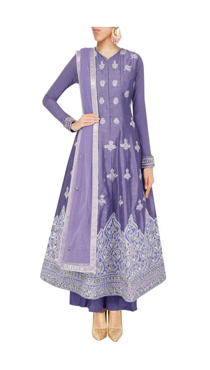 Dark Purple silk anarkali with palazoes and matching net dupatta