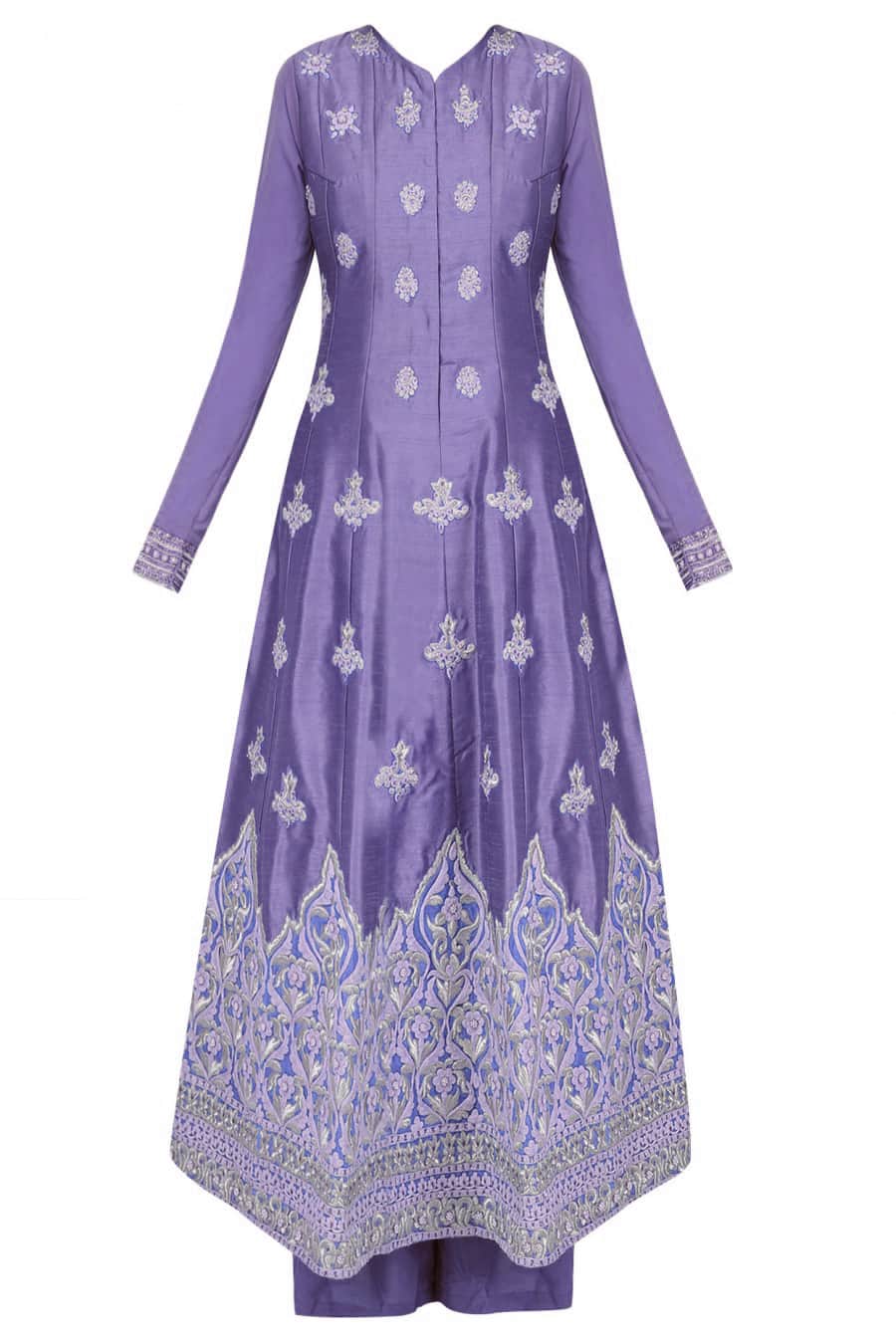 Dark Purple silk anarkali with palazoes and matching net dupatta