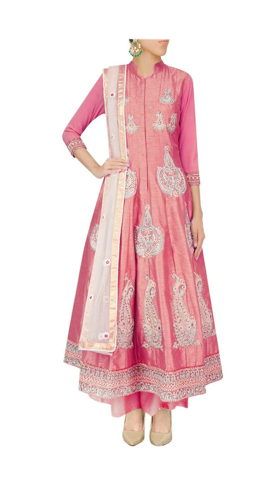 Rose anarkali with palazoes and ivory net dupatta