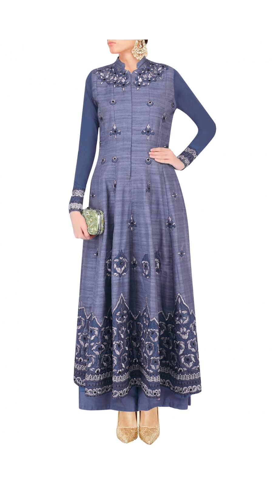 Blue grey long anarkali set