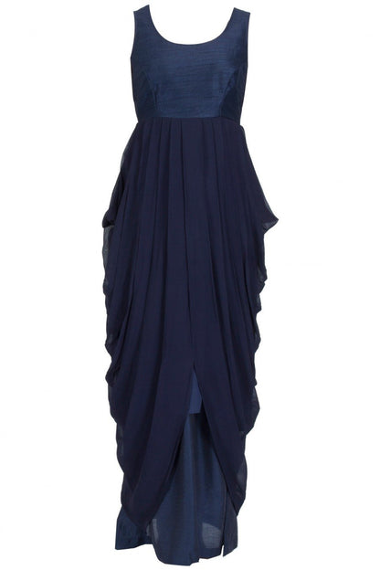 Navy blue fruit & zardozi embroidered waistcoat with navy blue drape dress