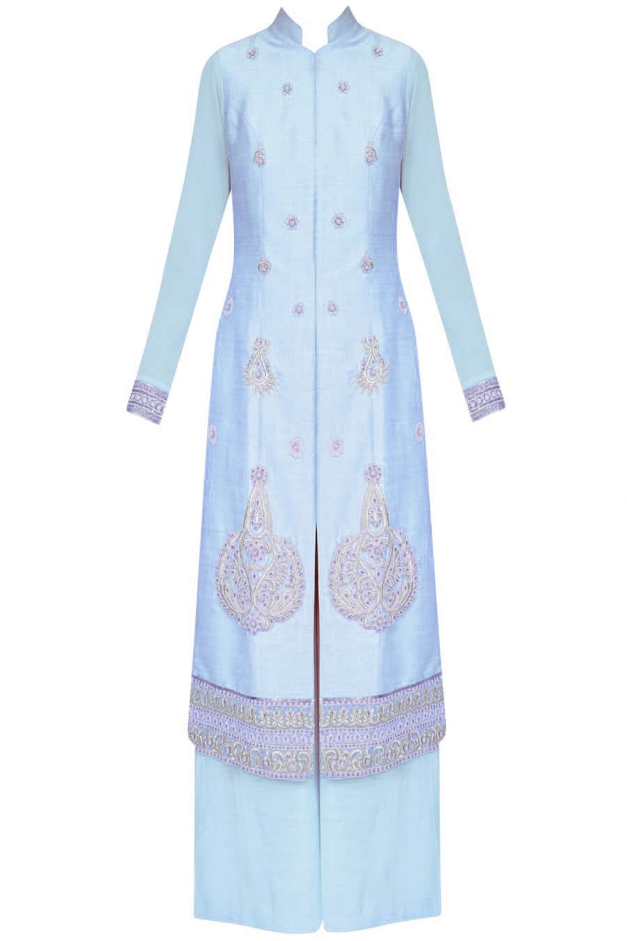 Pale blue straight kurta with palazoes and lilac chanderi dupatta