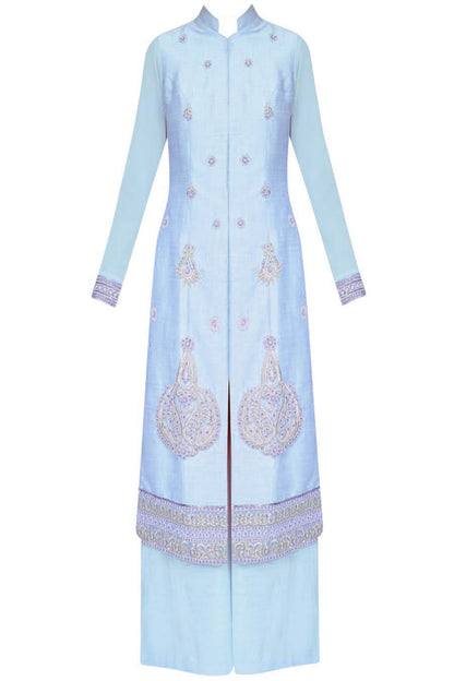 Pale blue straight kurta with palazoes and lilac chanderi dupatta