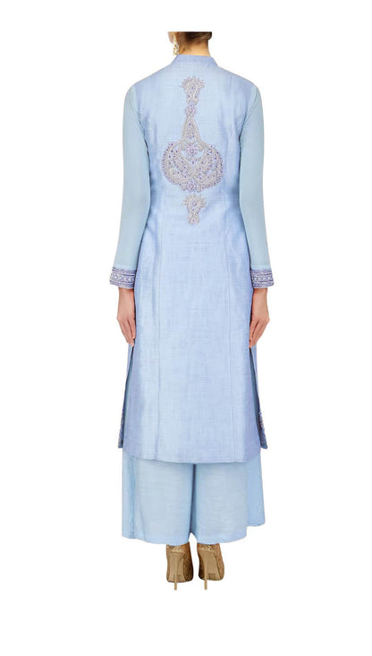 Pale blue straight kurta with palazoes and lilac chanderi dupatta