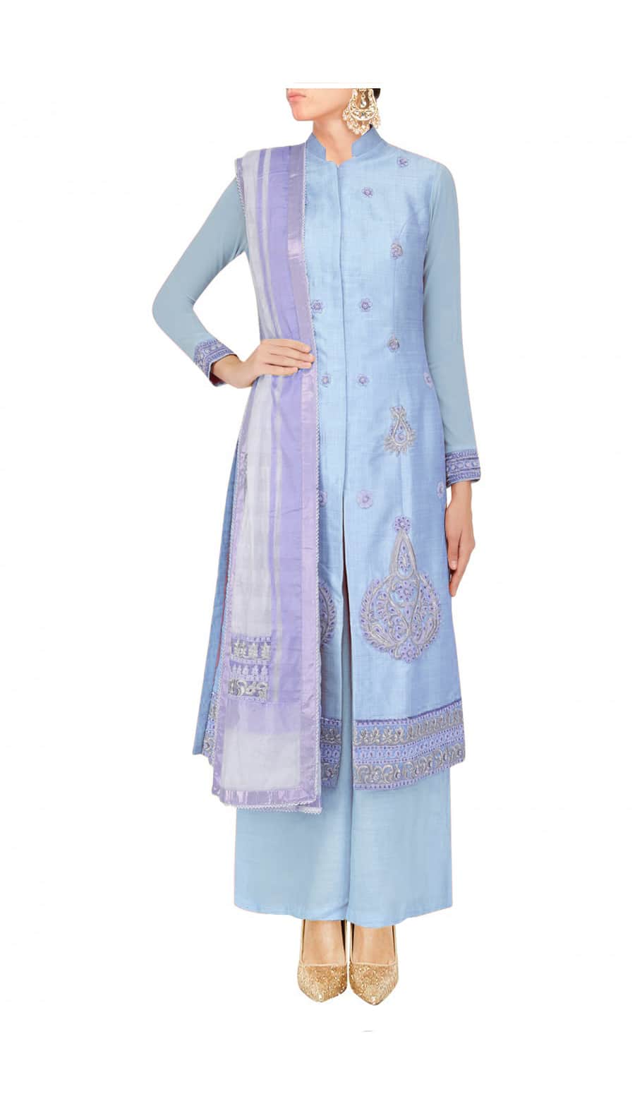 Pale blue straight kurta with palazoes and lilac chanderi dupatta