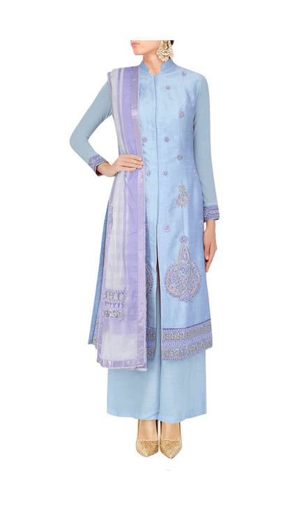 Pale blue straight kurta with palazoes and lilac chanderi dupatta