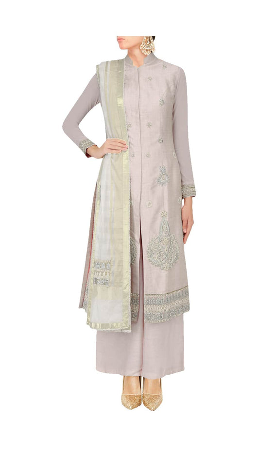 Dull rose straight kurta with palazoes and ivory chanderi dupatta