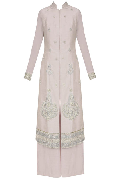 Dull rose straight kurta with palazoes and ivory chanderi dupatta