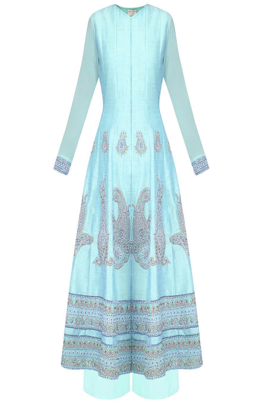 Pale blue anarkali with palazoes and blue dupatta in chanderi