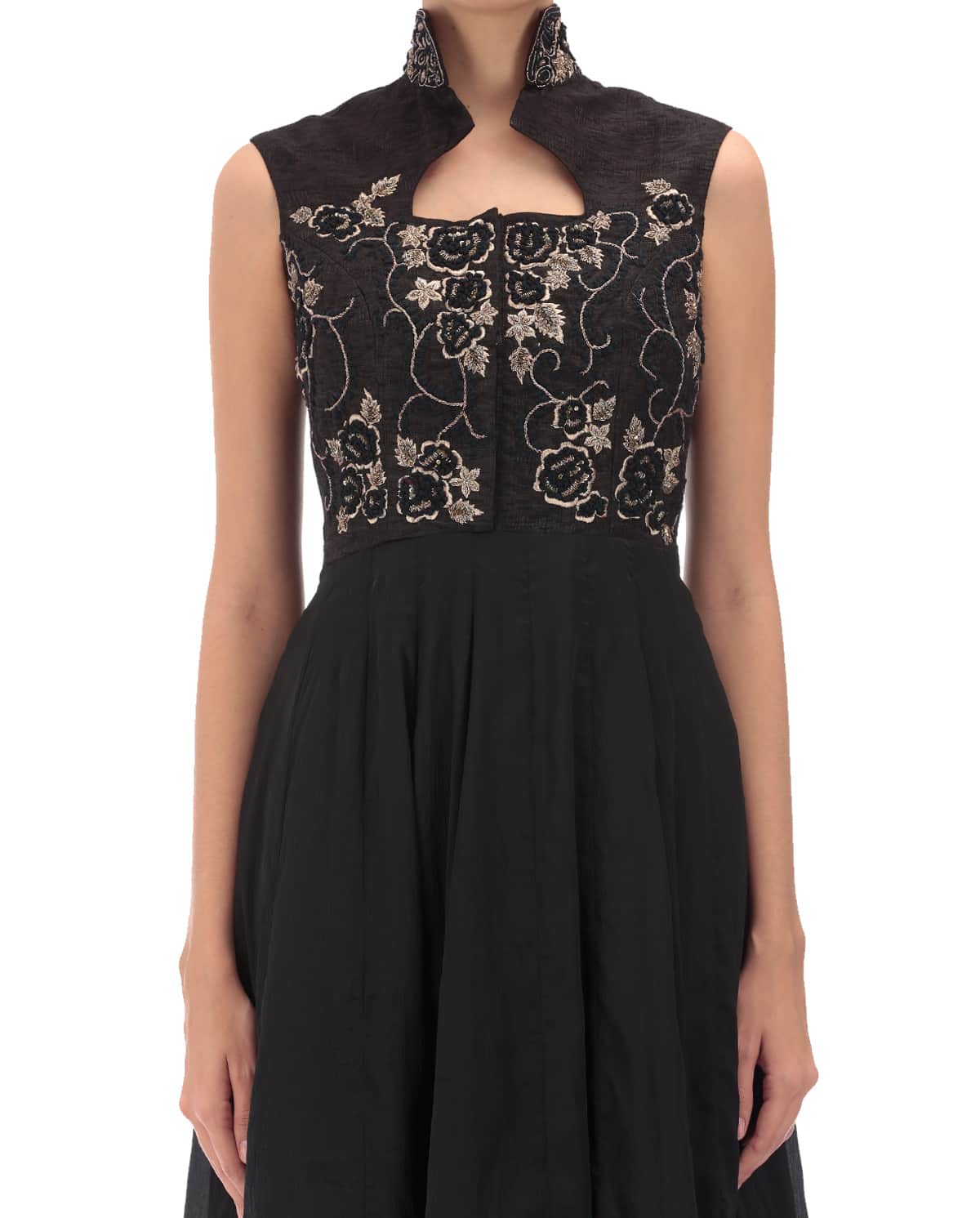 black satin embroidered gown