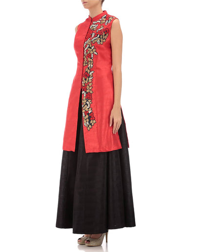 red embroidered long jacket with black lehanga skirt