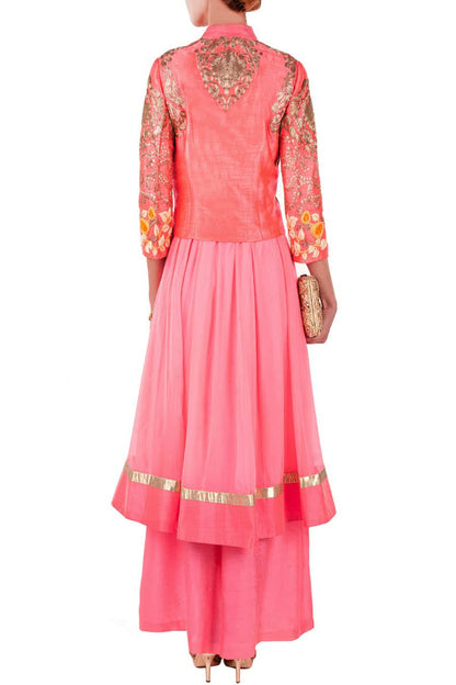 Candy pink embroidered jacket with anarkali and palazoe pants