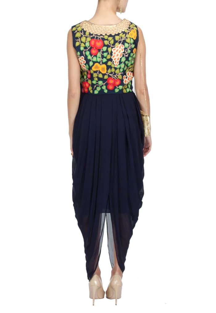 Navy blue fruit & zardozi embroidered waistcoat with navy blue drape dress