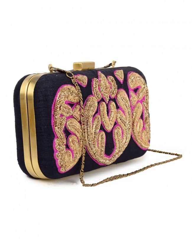 Black and pink zardozi embroidered clutch