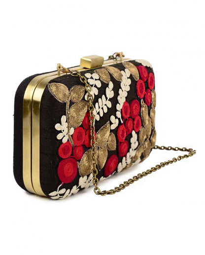 Black and red fruit embroidered clutch bag