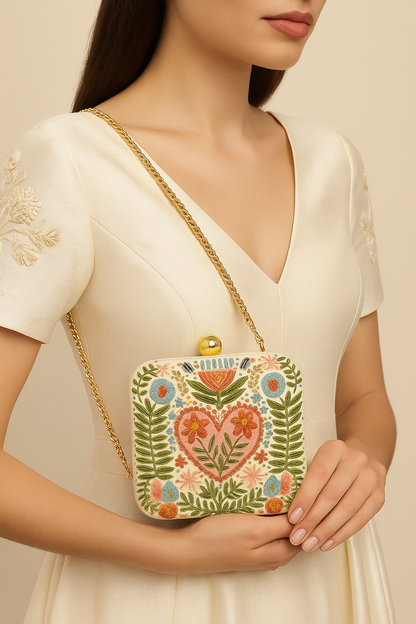 Heart & Bloom Hand-Embroidered Clutch – Ivory & Multicolor