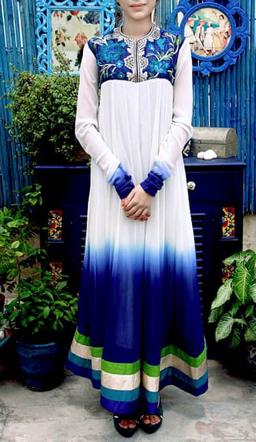 Blue Shaded Anarkali with embroidery.