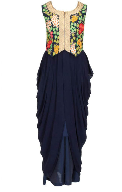 Navy blue fruit & zardozi embroidered waistcoat with navy blue drape dress